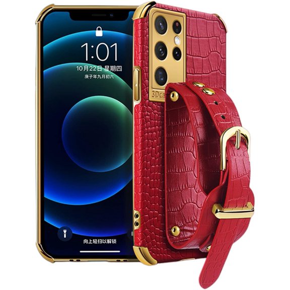 for Samsung Galaxy S23 S22 S21 S20 Ultra Plus FE Phone Case, Unique Crocodile Pattern Wristband Holder Cover, Heat Dissipating Lining Reinforced Edge Shockproof Bumper(Red,S21 FE)
