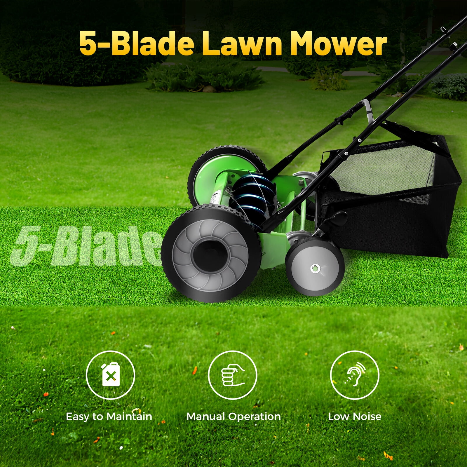 PEAKORA20" Lawn Mower Grass Cutter Machine with Collection BoxPush Reel Mower 5-Blade