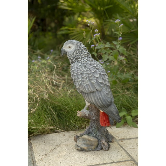 Décoration de Jardin Statue d'Animal Perroquet Gabon Gris sur Souche