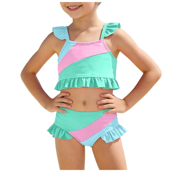 Caqnni Girls Swimsuit Comfortable Breathable Stylish Color Blocked Ruffled Two Piece Swimsuit Swimwear Suit for Summer Vacation 2-3 Years Light Green