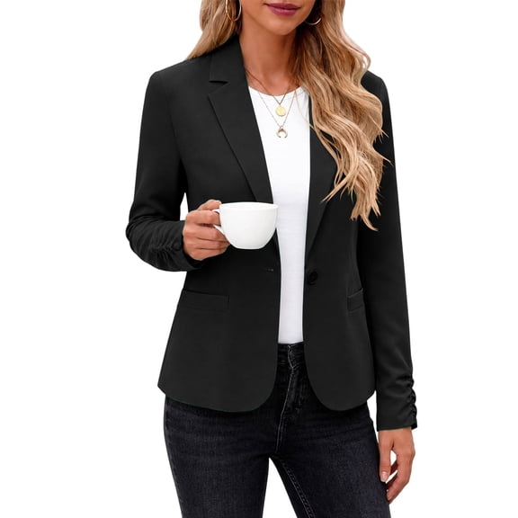 Achuyrbd Women's Business Casual Blazer Jacket, Notched Lapel One Button Long Sleeve Work Office Blazer with Pockets & Ruched Cuffs, S-2XL