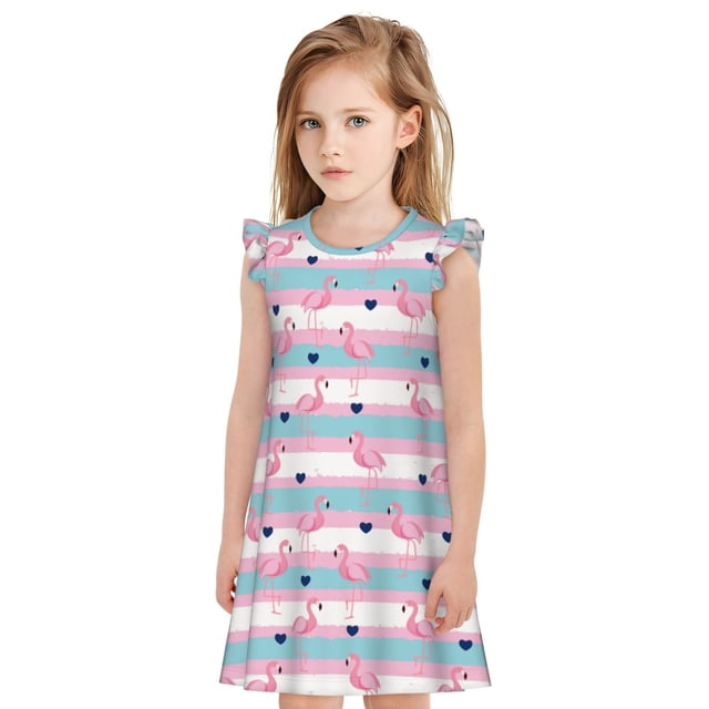 Vsdgher Flamant Rose1 pour Filles Chemises de Nuit Manches Courtes à Volants Robe de Nuit Pyjama pour Fête Pyjama-Grand