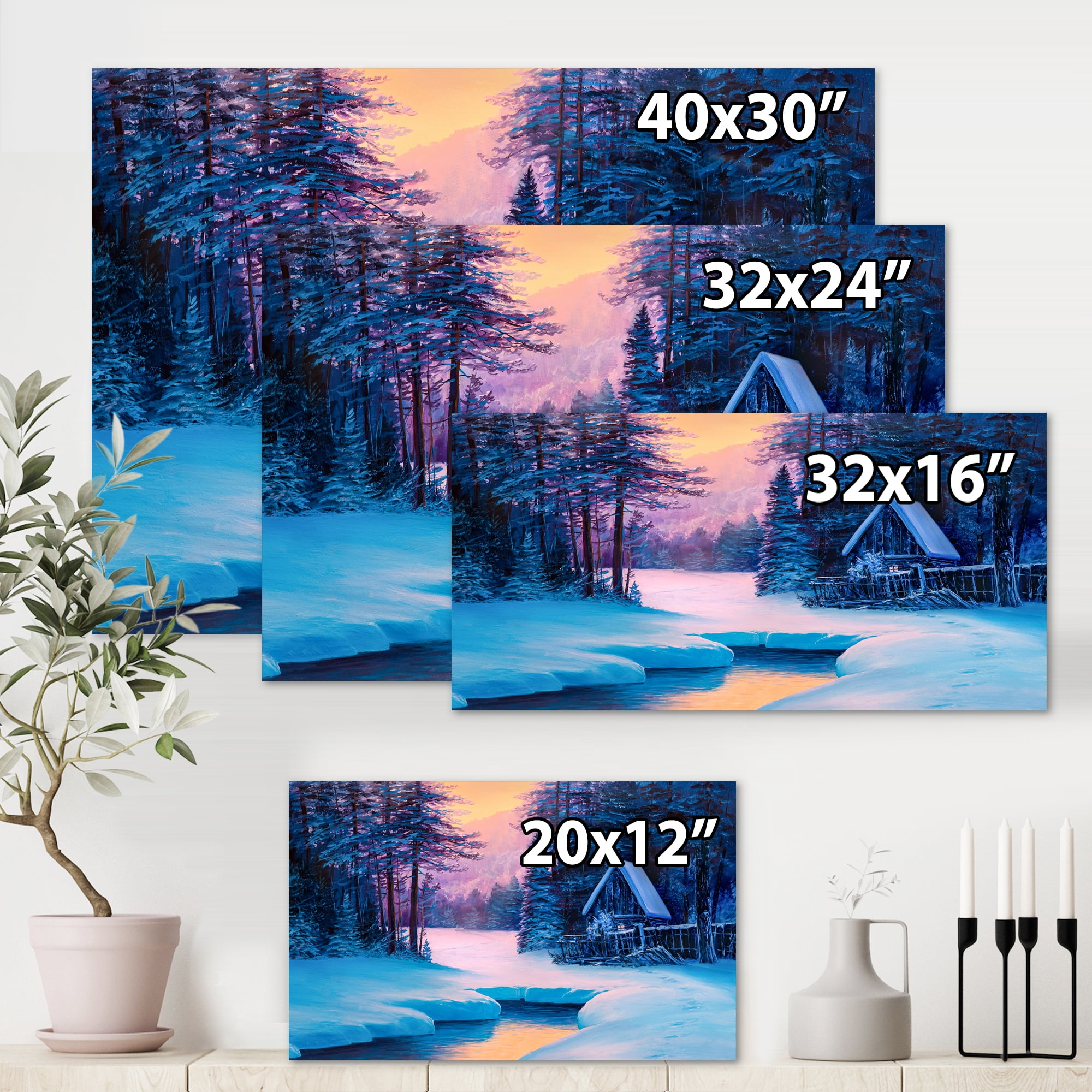 Designart ' The River House In The Woods and Winter Landscape II ' Lake House Canvas Wall Art Print