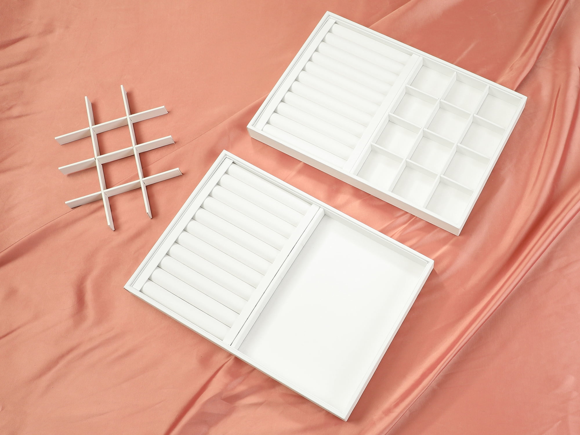 Unique Bargains Set of 2 Stackable Jewelry Organizers Trays with Removable Dividers White