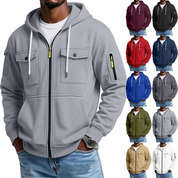 Nestiefly Cargo Hoodies For Men Zip Up Hooded Sweatshirt Athletic Jackets Lightweight Long Sleeve Jacket With Pockets Camel 2XL