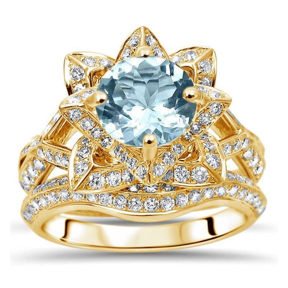 Dazzlingdaimonds Jewels 925 Sterling Silver 2.00 Ct Round Cut Aquamarine & Diamond Flower Wedding Engagement Thanksgiving Christmas Bridal Ring Set 14K Yellow Gold Plated For Women's -7
