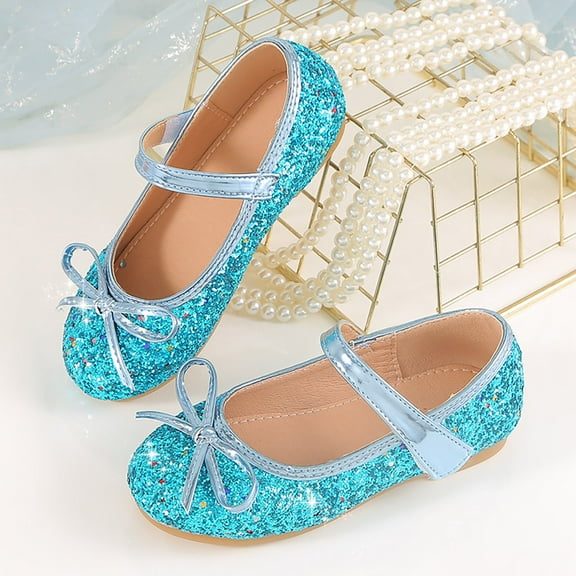 BUWTTER Girl's Sandals Children'S Wedding Shoes Flower Child Shoes Sequins Fine Glitter Bow Princess Shoes Blue Sandals Size 4.5-5 Y