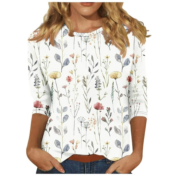 BangWanChi 3/4 Length Sleeve Womens Tops Women's Fashion Printed Round Neck 3/4 Sleeve T-Shirt Loose Tops Long Sleeve Round Neck Tops/Shirt