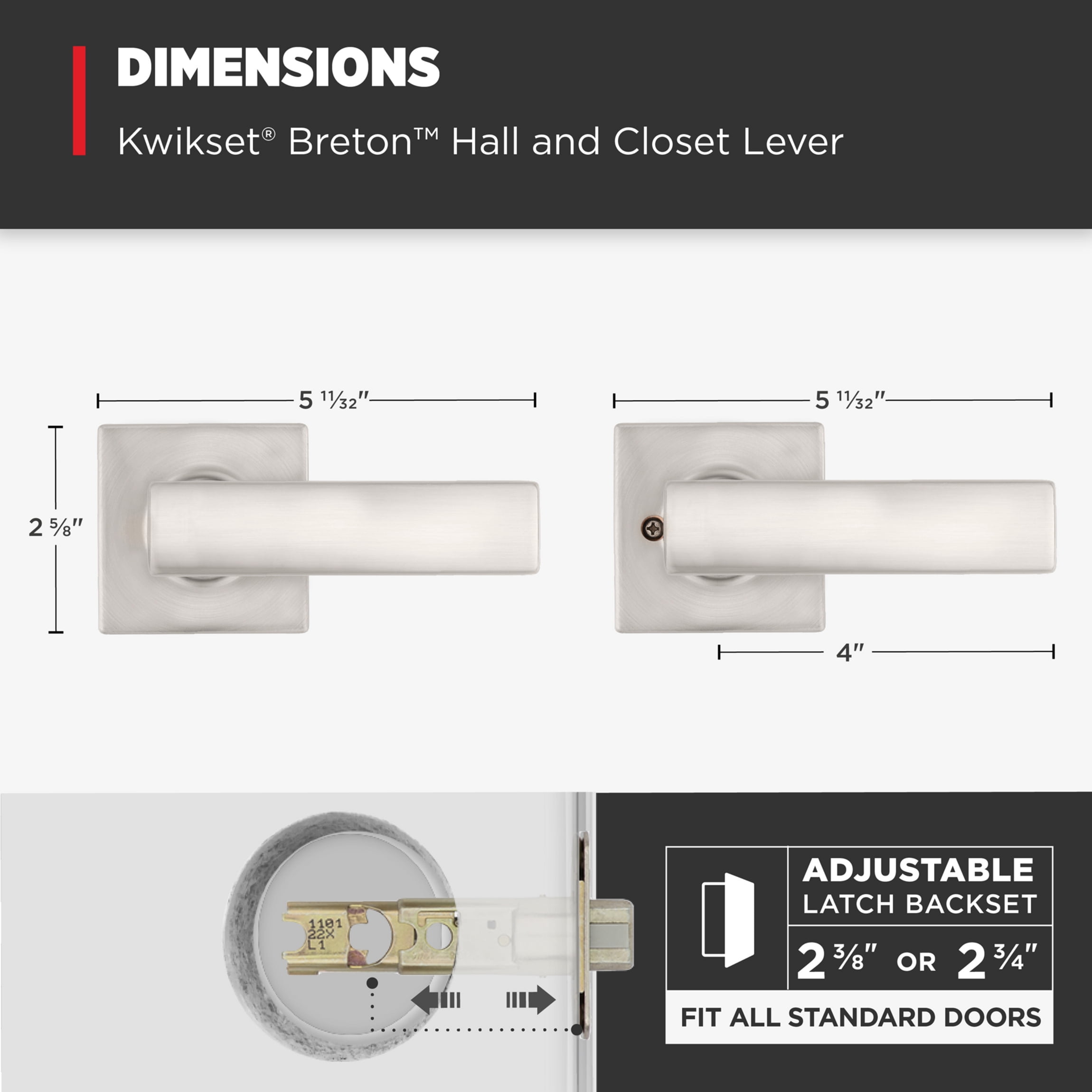 Kwikset Breton Square Passage Lever Doorknob Satin Nickel