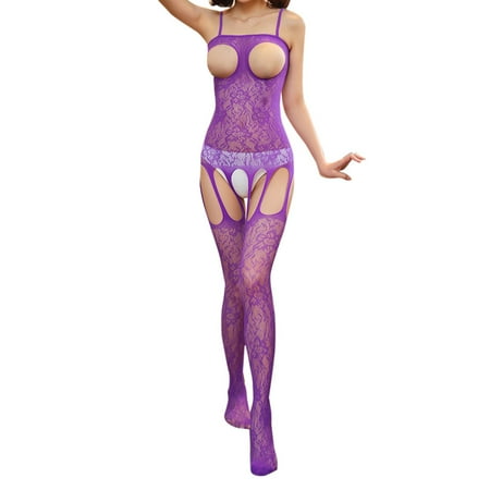 

Follure Ladies casual underwear bra Open Crotch Body Stocking Bodysuit Nightwear Lingerie-Women Underwear Purple One size