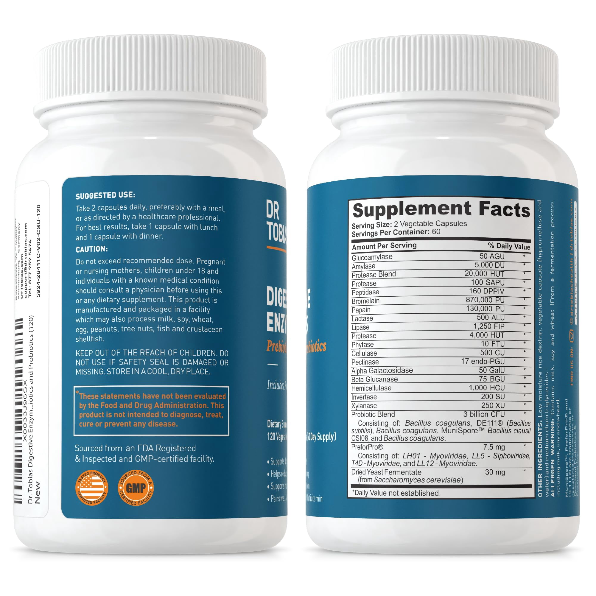 Dr. Tobias Digestive Enzymes with Probiotics, Prebiotics and Postbiotics Bromelain, Amylase, Lipase, For Better Digestion & Immune Function, 120 Capsules 60 Servings (2 Daily)