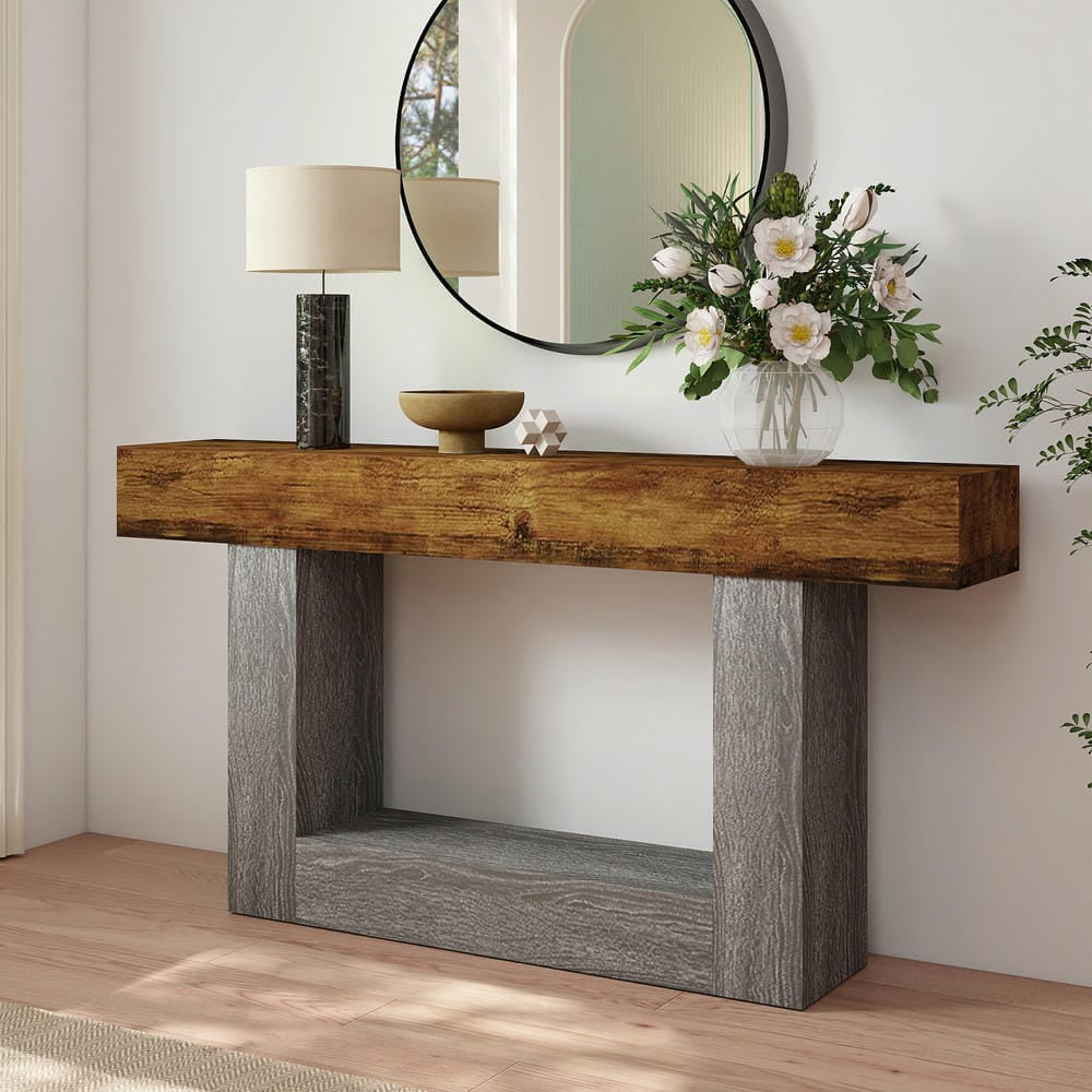 Barara King Console Table, Entryway Table, Console Sofa Table, Display Shelf,63" Wood Console Table, Farmhouse 2-Tier Sofa Table Entryway Table,Brown