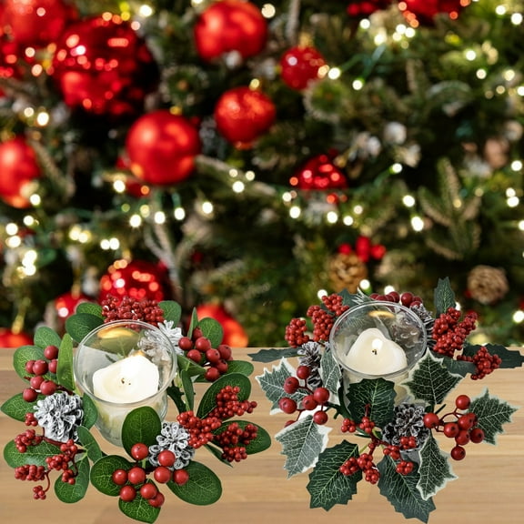 Artificial Rose Candle Rings Holder Christmas Floral Wreaths with Red Fruit Eucalyptus Leaves Greenery Candle Rings Aromatherapy Candle Holders Decorative Small Flower Rings Ornaments