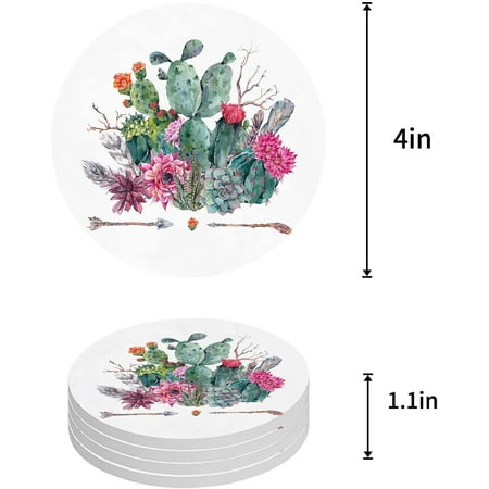

ZHANZZK Watercolor Style Succulent Cactus Set of 4 Round Coaster for Drinks Absorbent Ceramic Stone Coasters Cup Mat with Cork Base for Home Kitchen Room Coffee Table Bar Decor