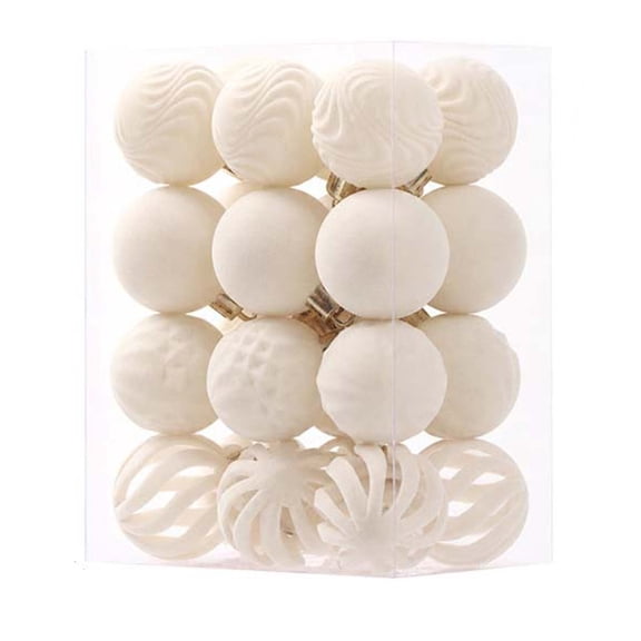 Flocked Christmas Ornament Set (24Pc), Velvet Shatterproof Baubles With Wavy Embossed, Solid & Hollow Cut Designs For Xmas Tree & Holiday Decor White