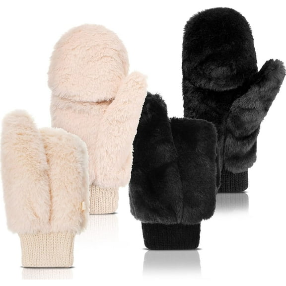 WQBLQH Faux Fur Mittens Fingerless Gloves Convertible Gloves Fluff Winter Warm Soft Half Finger Fuzz Mittens for Women Black, White