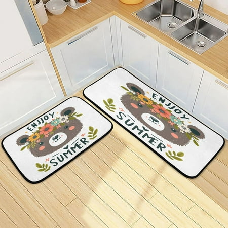 

Cute Bear with Summer Kitchen Rugs Set Non Slip Mats Runner for Dining Room