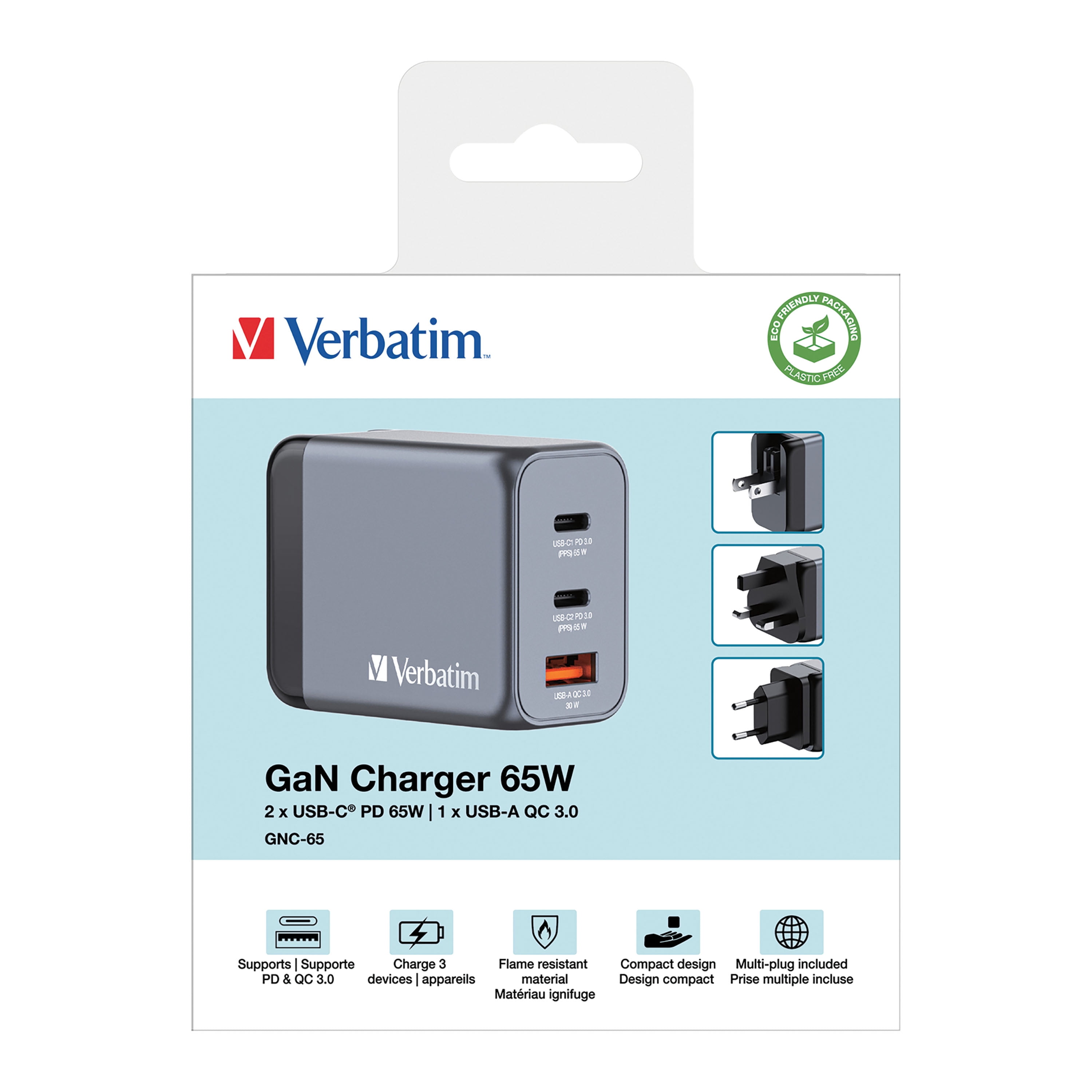Verbatim 65W 3-Port GaN Wall Charger, Gray