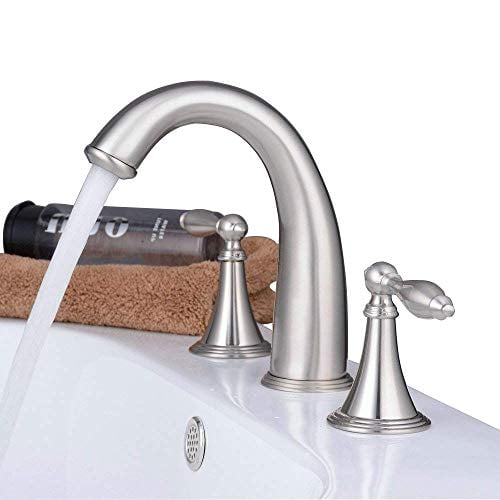 Beelee Modern Style Three Holes Double Handles Widespread Bathroom Sink Faucet Brushed Nickel