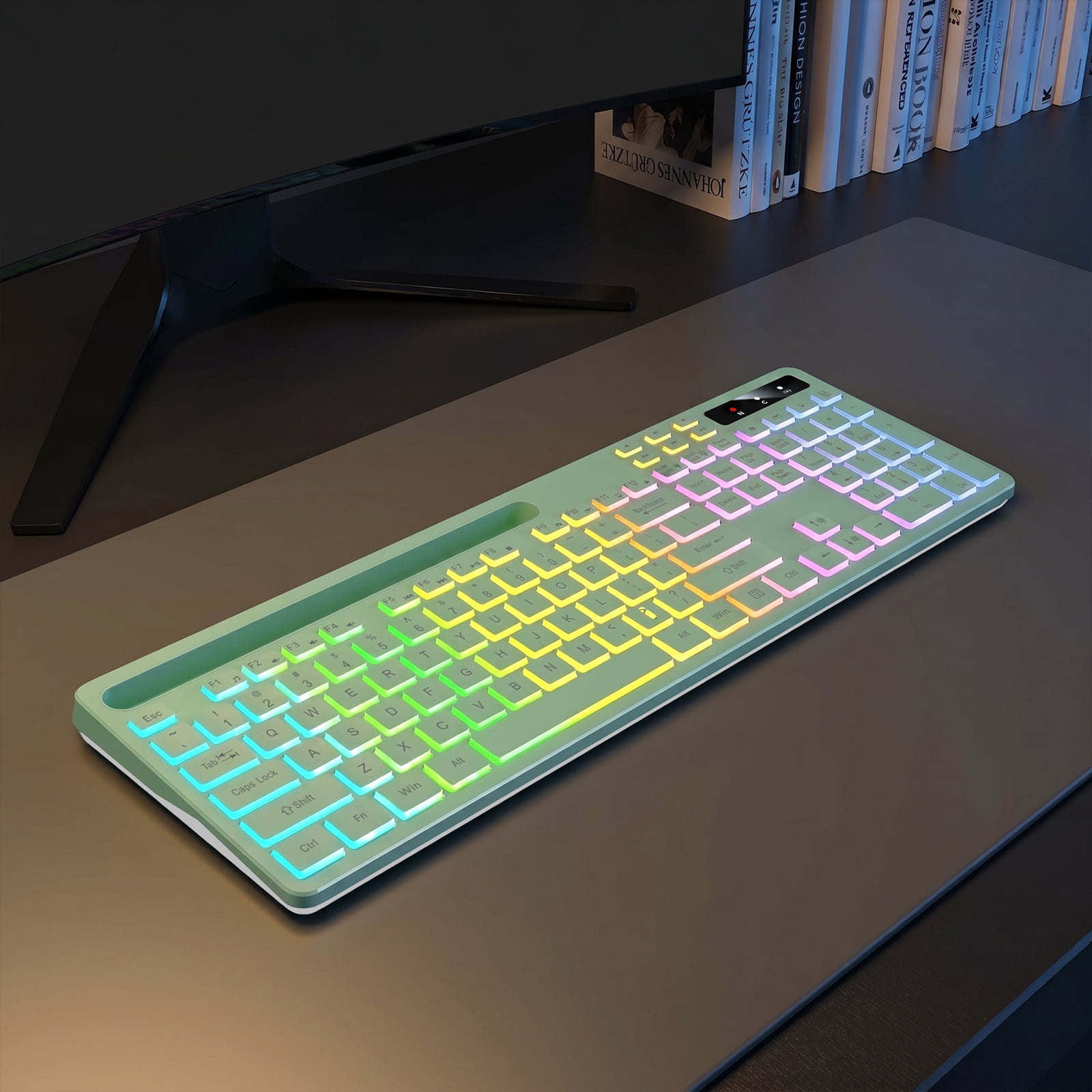 Wireless Keyboard with 7 Color RGB Backlit, Marvo Computer Keyboard with Phone Tablet Holder, Rechargeable 2.4G Wireless Gaming Keyboard with Light Up Keys, Compatible with Mac,Window, Green
