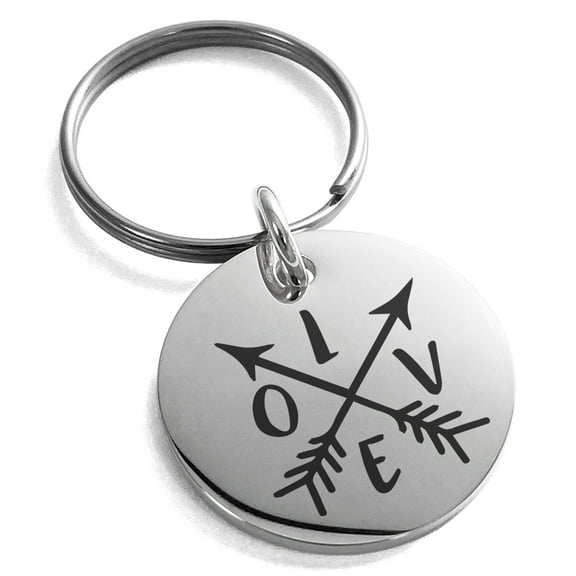 Stainless Steel Love Arrow Compass Engraved Small Medallion Circle Charm Keychain Keyring