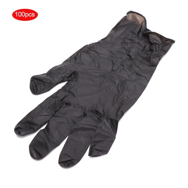 guantes negros, 100 piezas guantes de látex desechables de látex desechables negros guantes de látex rendimiento de primer nivel Guante negro de látex talla S extendido en vista frontal; punta de los dedos con diseño áspero y superficie ligeramente picada visible, acabado impermeable y ajuste ergonómico en la palma. Indicado para tatuajes, fabricación electrónica y experimentos por su efecto antiestático; paquete de 100 piezas. A menudo también se usan para limpieza y manipulación de piezas pequeñas.