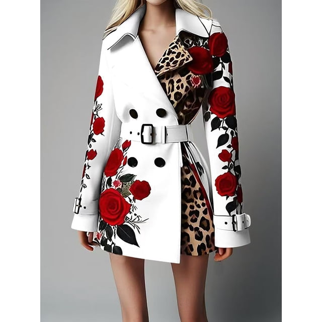 Manteau Trench à Imprimé Léopard Contrastant pour Femme avec Broderie de Roses Rouges, Double Boutonnage, Revers, Ceinturé, Moulant, pour Fête et Boîte de Nuit, Vêtement d'Extérieur Mode Mode Urbaine, Veste à Manches Longues