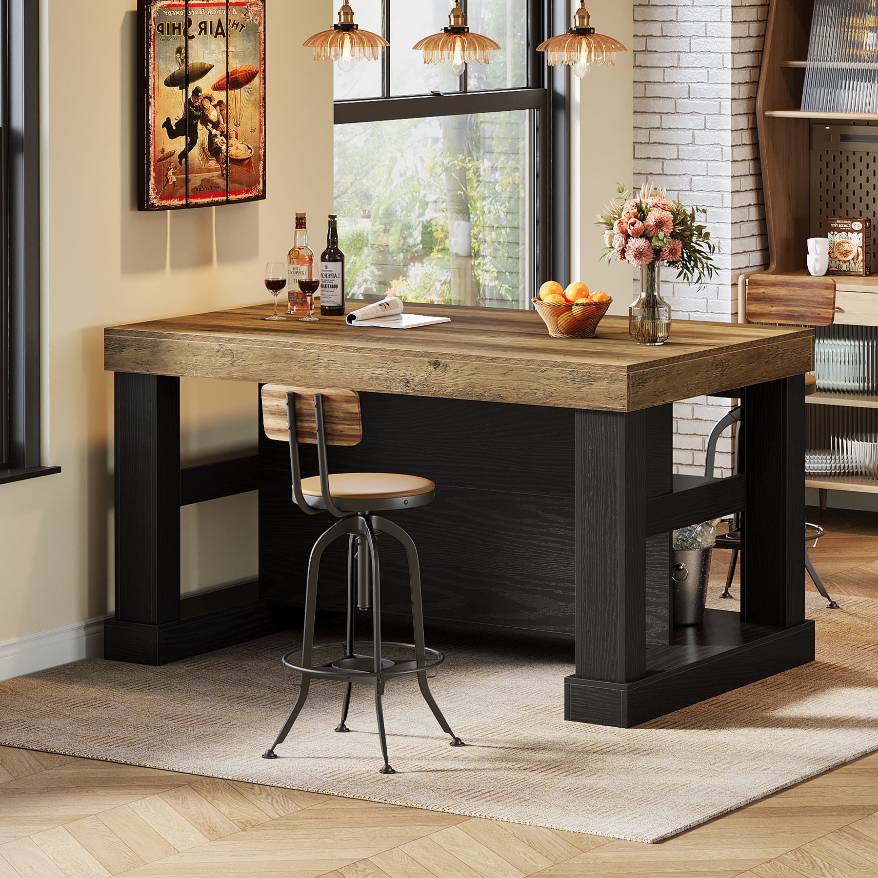 Finmind 55-inch Kitchen Island with 3 Storage Shelves, Large Farmhouse Kitchen Shelf with Spacious Worktop, Brown and Black (Easy to Assemble)