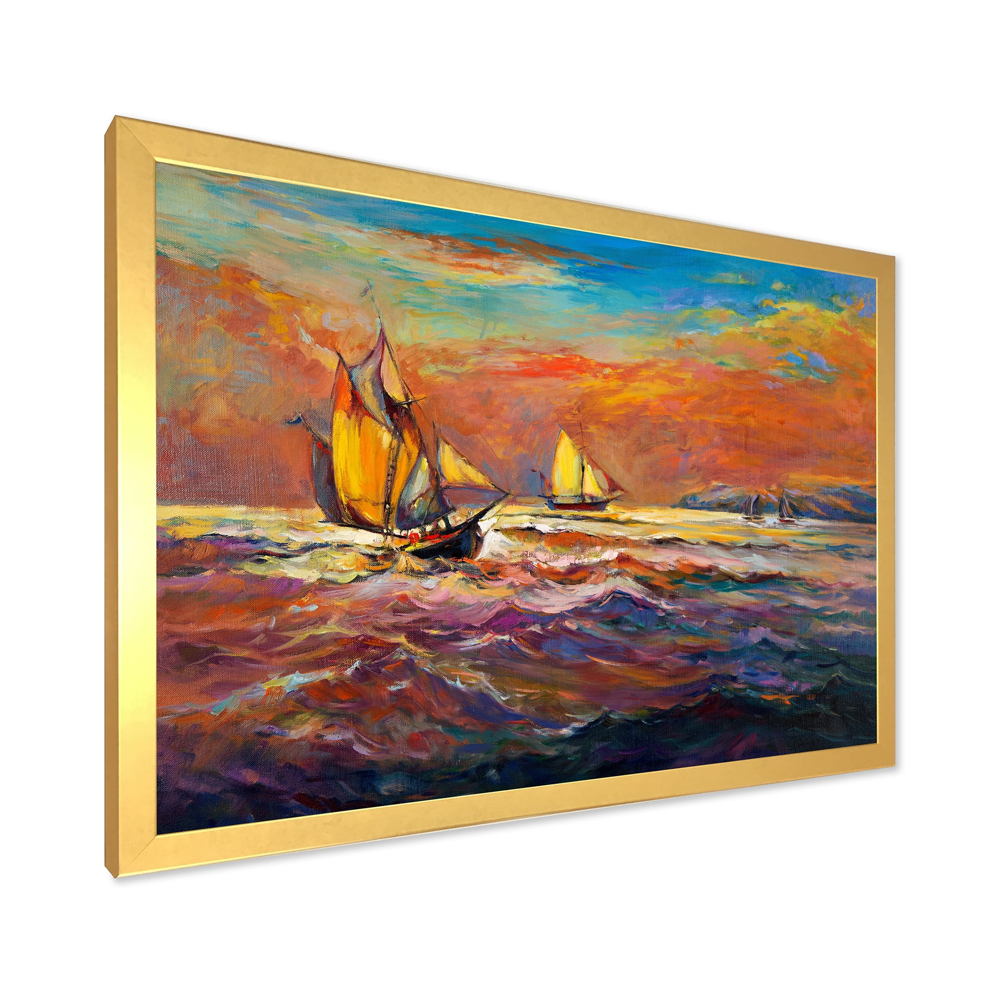 Sail ships On The Ocean Waves During Orange Evening Glow 32 in x 24 in Framed Painting Canvas Art Print, by Designart