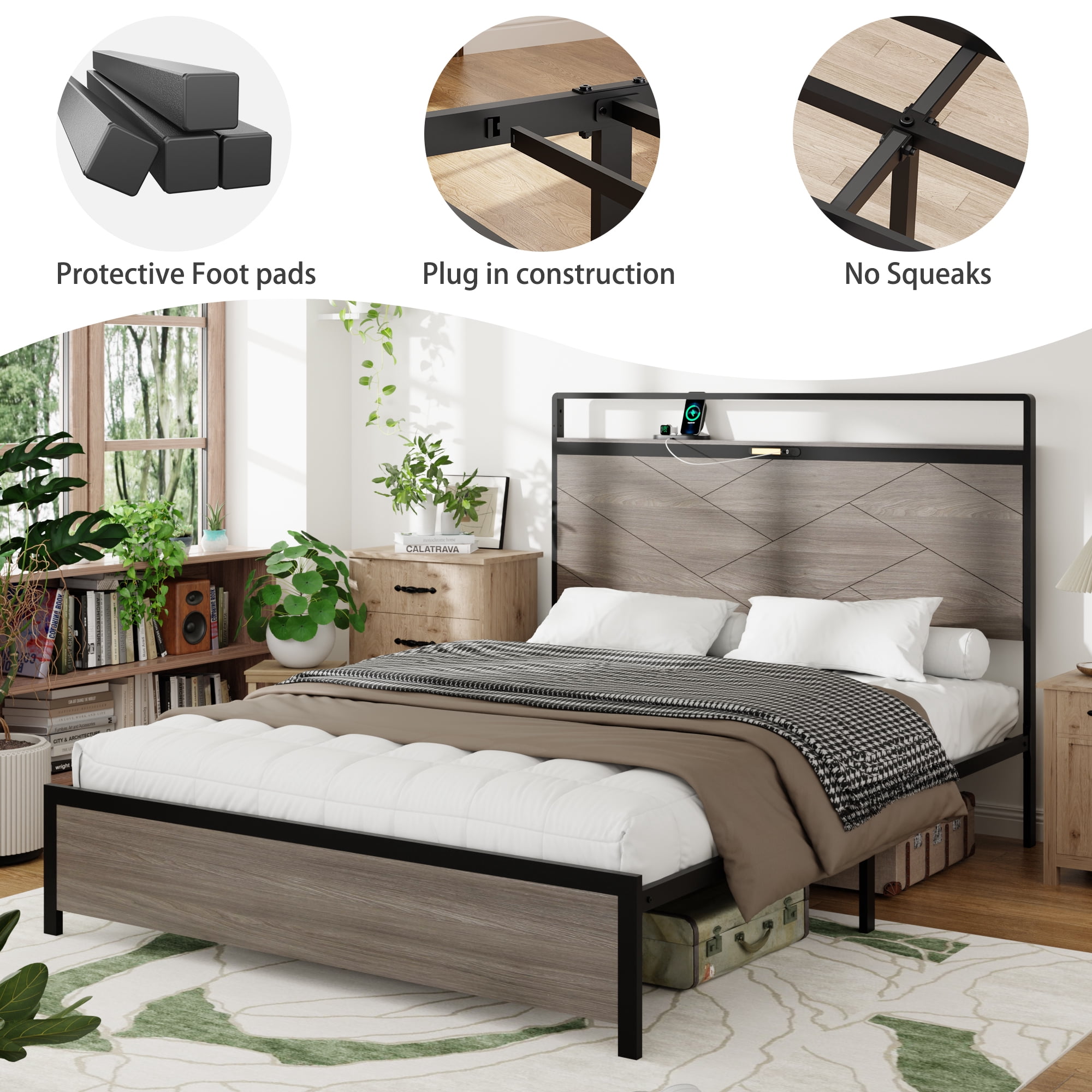 Bed frame queen size, wooden platform bed frame with storage LED light headboard and 2 USB, no noise, no spring mattress required and simple assembly tools, large underbed storage,Antique Grey