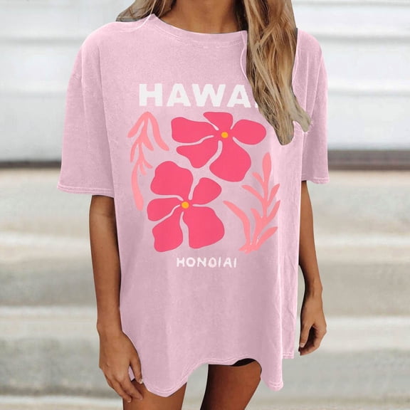 Trendfront Womens Hawaii Graphic T Shirt Crewneck Short Sleeve Tropical Hibiscus Letter Print Oversized Vacation Beach Tee Tops
