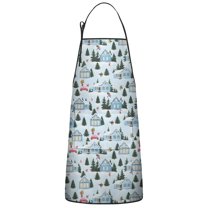 Light Blue Christmas House and Tree Pattern Apron-Garden Aprons for Women with Pockets-Cotton Linen Waterproof Kitchen Cooking Gardening Aprons Adjustable for Kitchen,Cooking,BBQ and Salon 33"x27"