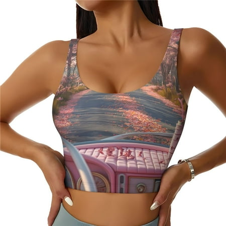 Adobk Vintage Pink Drive View Print Sports Bras for Women Longline Workout Crop Tank Tops Padded with Built in Shelf Padded Sports Bra-Medium