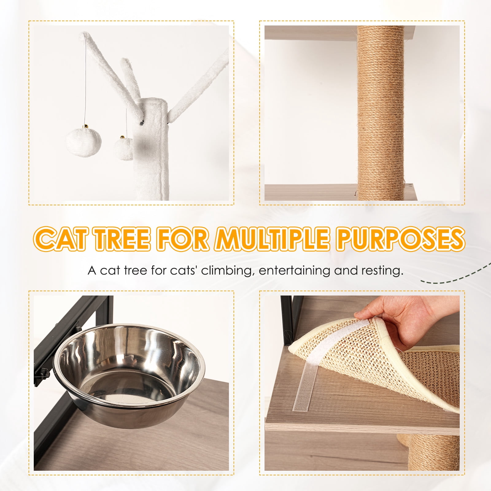 Cat Tree with Litter Box Enclosure, Modern 3-Tier Cat Tower Condo with Scratching Posts, Feeding Bowl and Removable Toys, Space-Saving Cat Furniture for Indoor Cats, Gray White