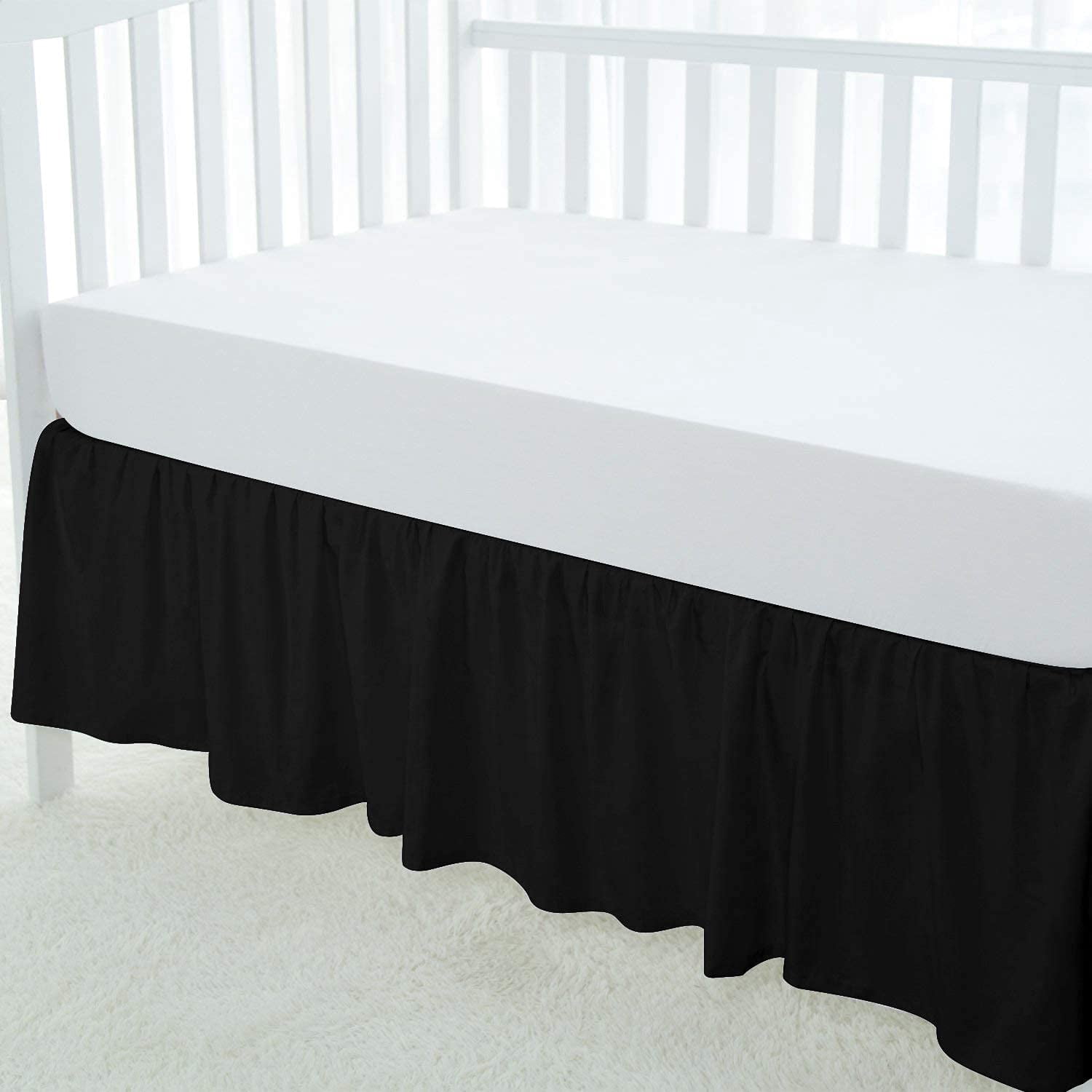 Crib Skirt Dust Ruffle, 100% Egyptian Cotton 800 Thread Count, Nursery Crib Toddler (28" x 52" x 14") Bedding Skirts for Baby Boys or Girls, 14" Drop, Black Solid