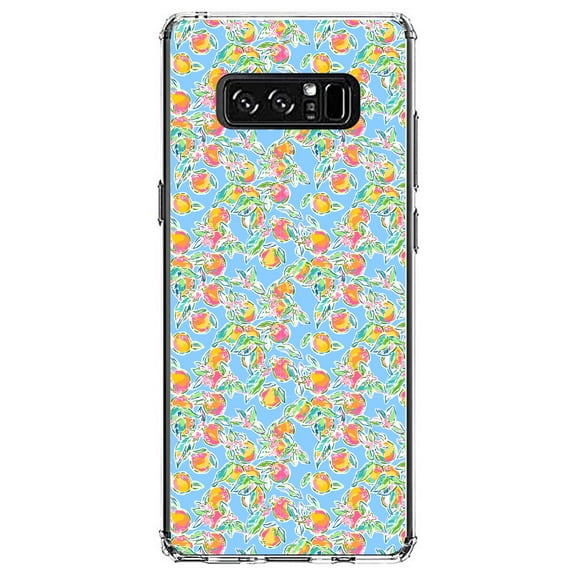 DistinctInk Clear Shockproof Hybrid Case for Samsung Galaxy Note 8 - TPU Bumper, Acrylic Back, Tempered Glass Screen Protector - Preppy Pattern - Orange & Blue Flowers Floral