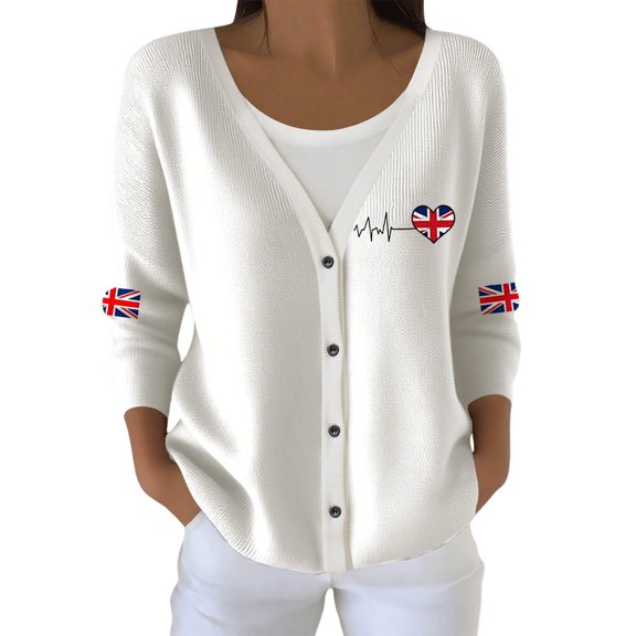 Wang6 Womens Lightweight Plus Size Cardigans Sweaters Trendy Long Sleeve Open Front Button down Knit Sweater Fall V Neck American Flag Printed Outwear Tops White XL