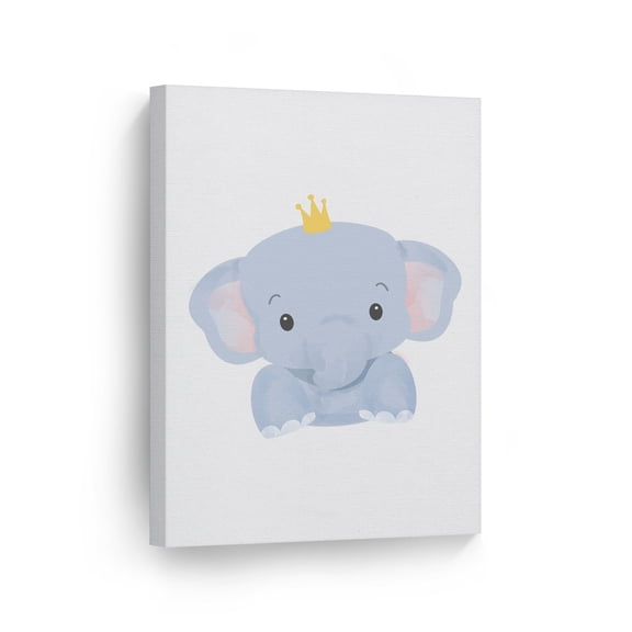 Smile Art Design Baby Prince Elephant with Crown Watercolor Painting Illustration Safari Animal Canvas Wall Art Print Living Room Bedroom Kids Girl Boy Baby Nursery Room Decor Ready to Hang - 36x24