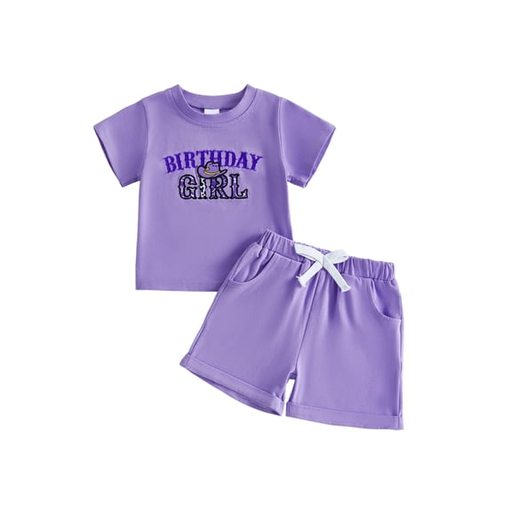 BemeyourBBs Toddler Baby Girl Cowgirl Birthday Outfits Summer 1 2 3 4 5 6 Years Old Birthday Clothes Cowgirl Hat Letter Embroidery Short Sleeve T Shirt and Rolled Shorts Set