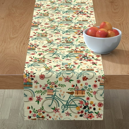 

Cotton Sateen Table Runner 108 - Flowers Bicycles Bike Soft Pink Floral Painted Painterly Cycling Print Custom Table Linens by Spoonflower
