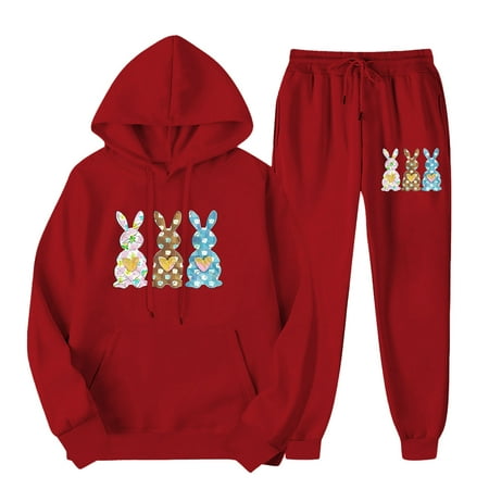 BLTIBY 2025 Women s 2 Piece Tracksuit Sweatsuits Sets Hoodie Sweatshirts Long Sleeve Jogging Sweatpants Suit Easter Printed Drawstring Fashion Outfits with Pockets Red 3XL