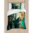 thumbnail image 3 of Halloween Queen Size Duvet Cover Set, Haunted Medieval Cartoon Style Bats in Twilight Gothic Fiction Spooky Art Print, Decorative 3 Piece Bedding Set with 2 Pillow Shams, Orange Teal, by Ambesonne, 3 of 3