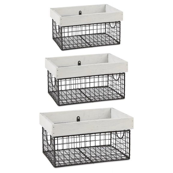 DII Farmhouse Wood Rimmed Wire Storage Basket Set, Antique White, Assorted