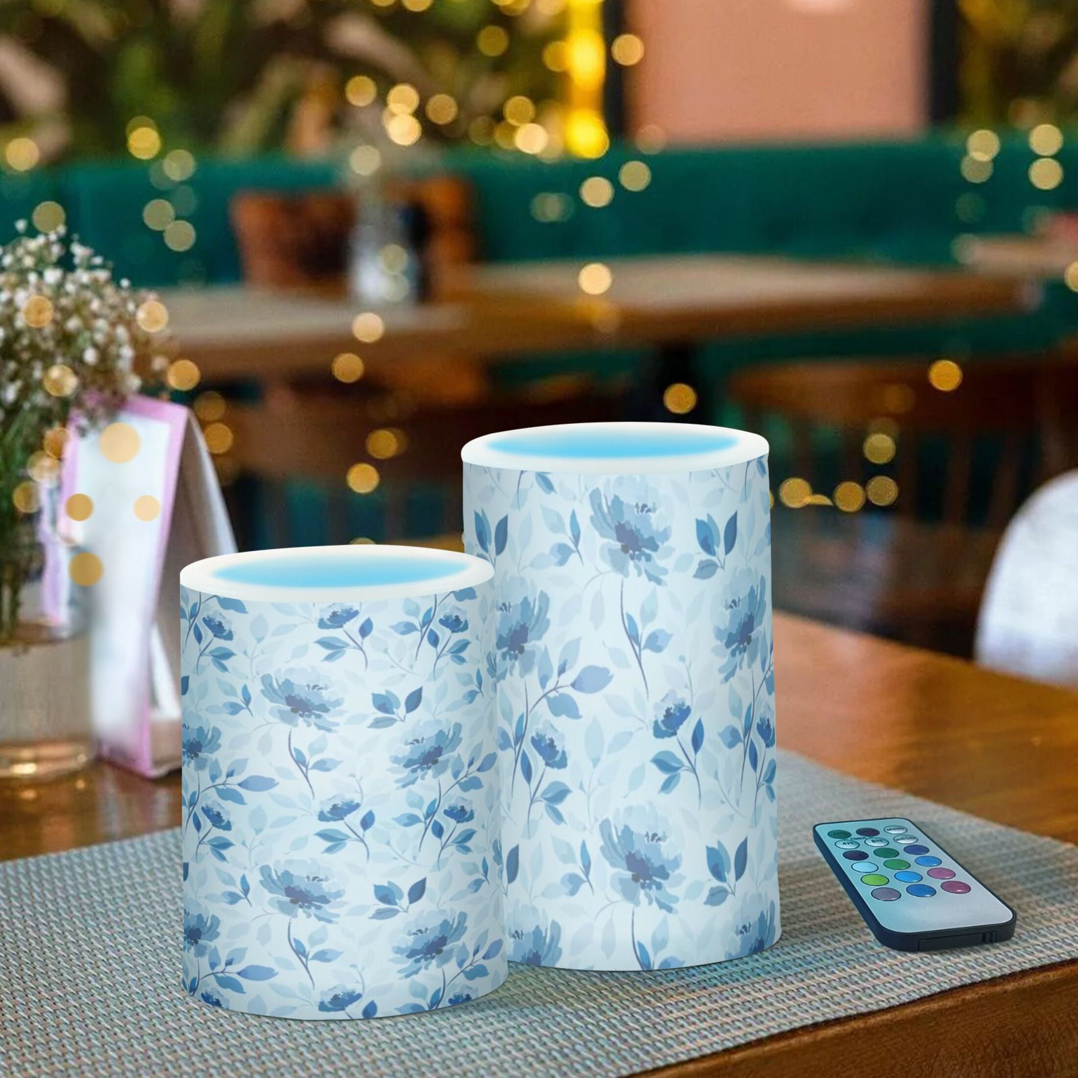 Blue Floral Flickering Flameless Candles Battery Operated with Remote Timer LED Pillar Candles Set of 2