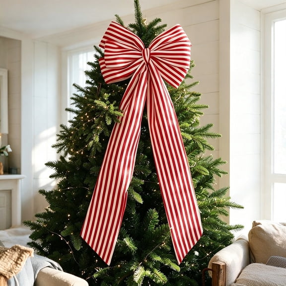 Red Stripe Giant Bow Christmas Decorations, 39 Inch Large Tree Topper Bow for Wreath Front Door Decor, Xmas Holiday Decoration (39.4 x 15.8 in)