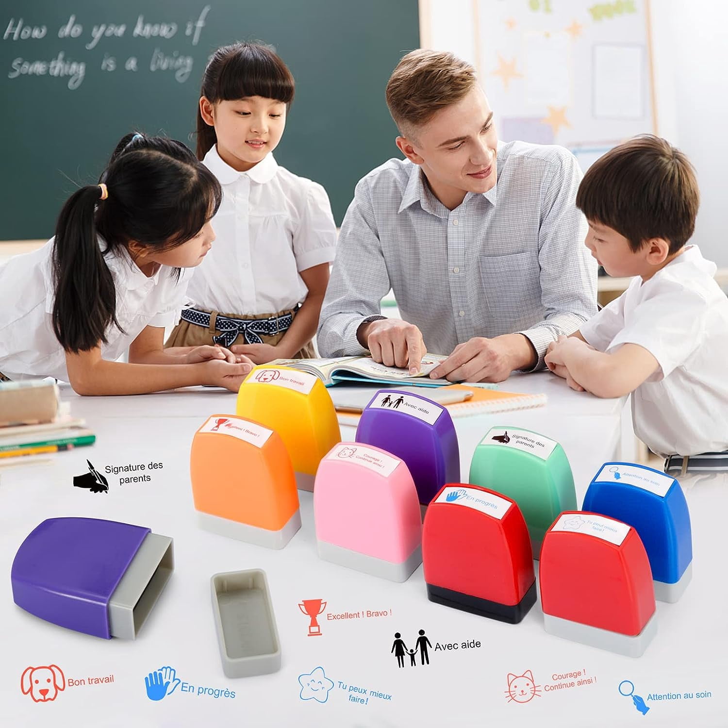 Lot De 6 Tampons Auto-encreurs Pour Enseignants - 6 Couleurs - Messages Encourageants - Pour Corrections, Motivation Des élèves