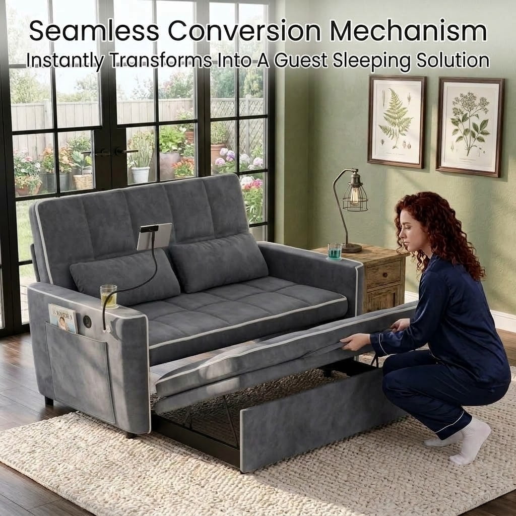 Howcool 54" Convertible Sleeper Sofa Bed, Pull Out Loveseat Couch with USB Port, Phone Holder & Cup Holder, Adjustable Backrest, Velvet Sofa for Living Room, Apartment, Dark Grey