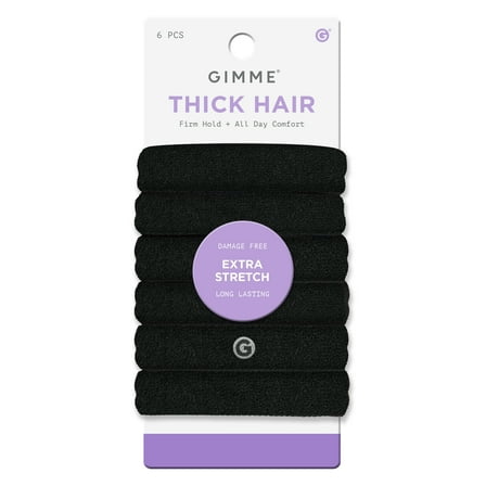 Gimme Beauty Seamless Extra Stretch Hair Ties for Thick Hair, Ponytail Holder, Black, 6 Count