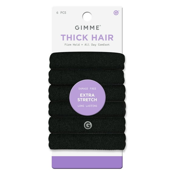 Gimme Beauty Seamless Extra Stretch Hair Ties for Thick Hair, Ponytail Holder, Black, 6 Count