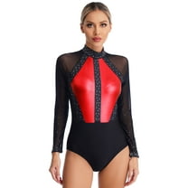 TiaoBug Women's Rhinestone Gymnastics Bodysuit Tops Mesh Sheer Long Sleeve Ballet Dance Leotard Red XXL